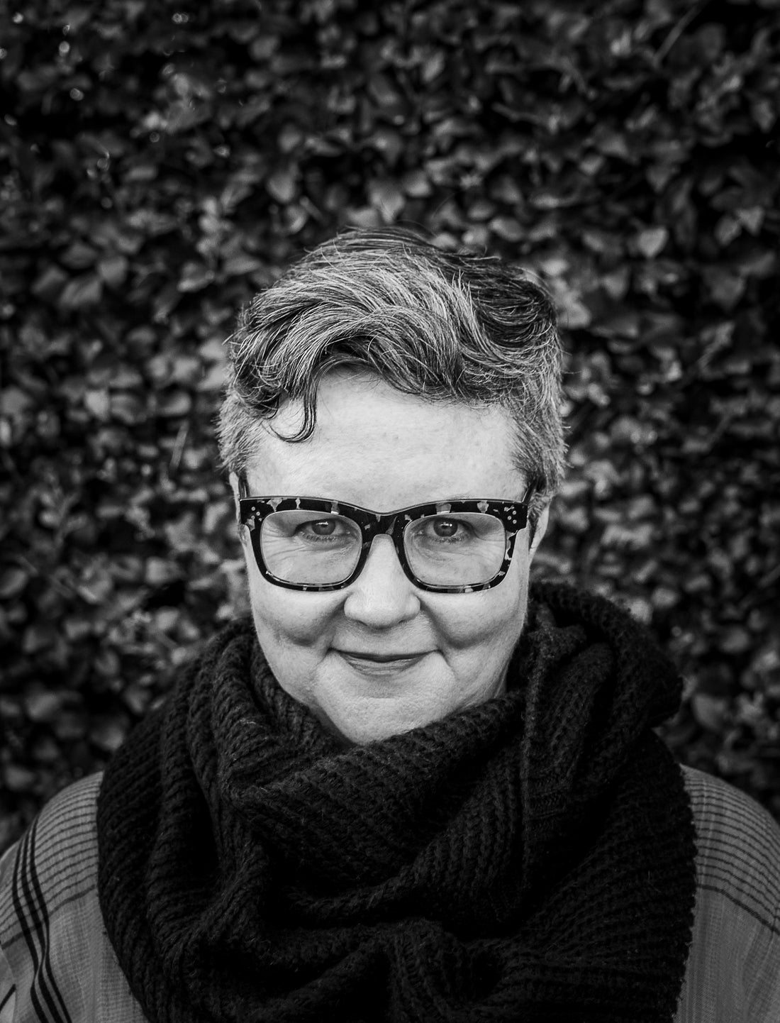 A black and white photograph of Louise Faulkner