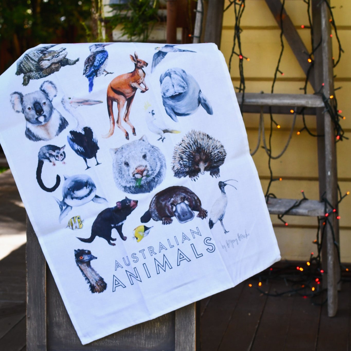 Teatowel printed with Australian animal illustrations painted by Bryony