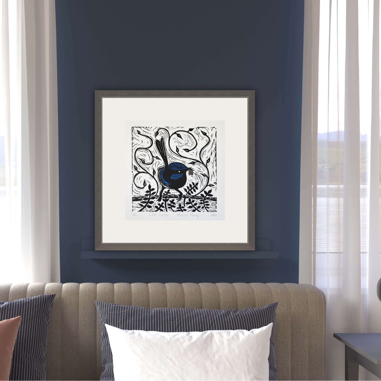 Blue wren art work framed and hanging on lounge room wall