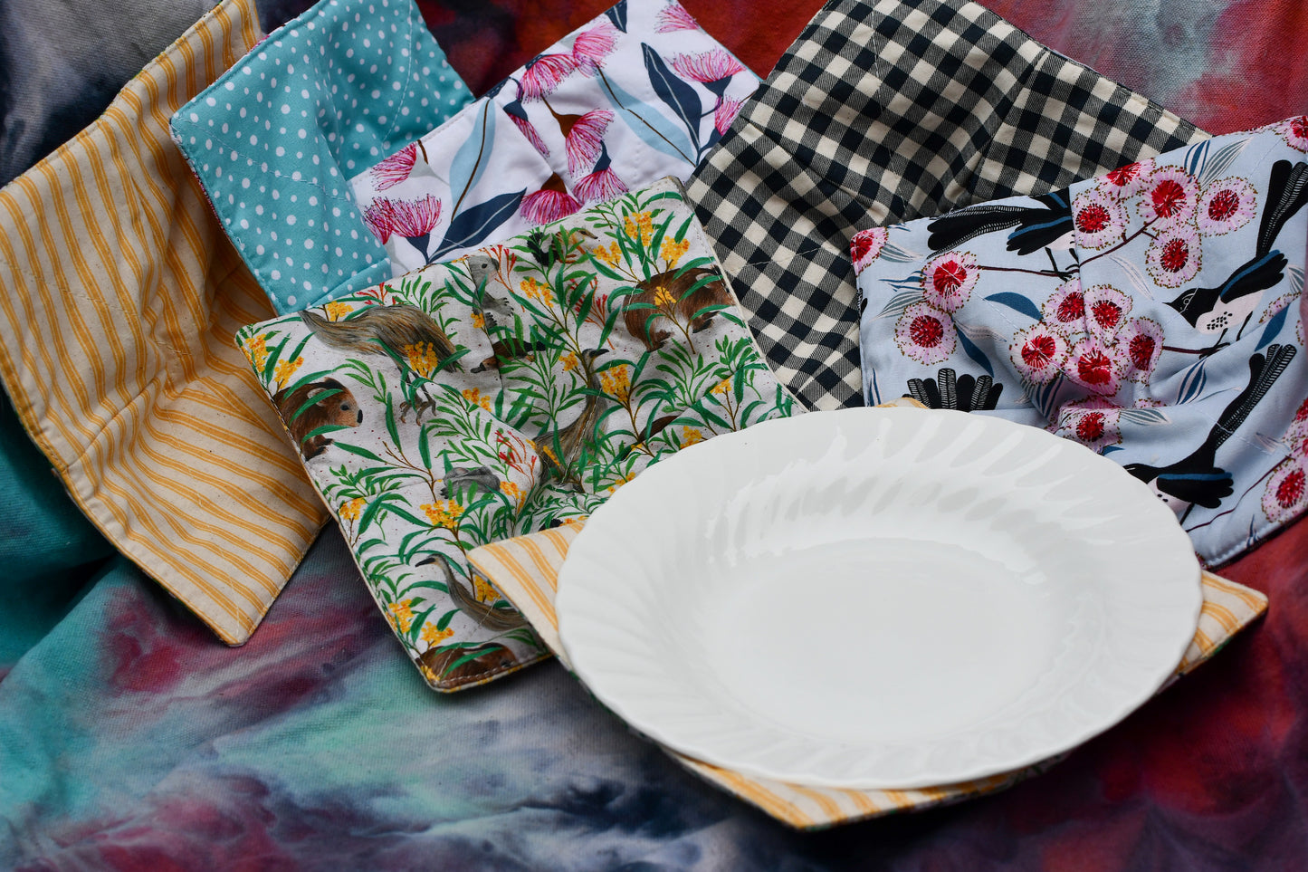 Bowl cosies in Australian themed fabrics