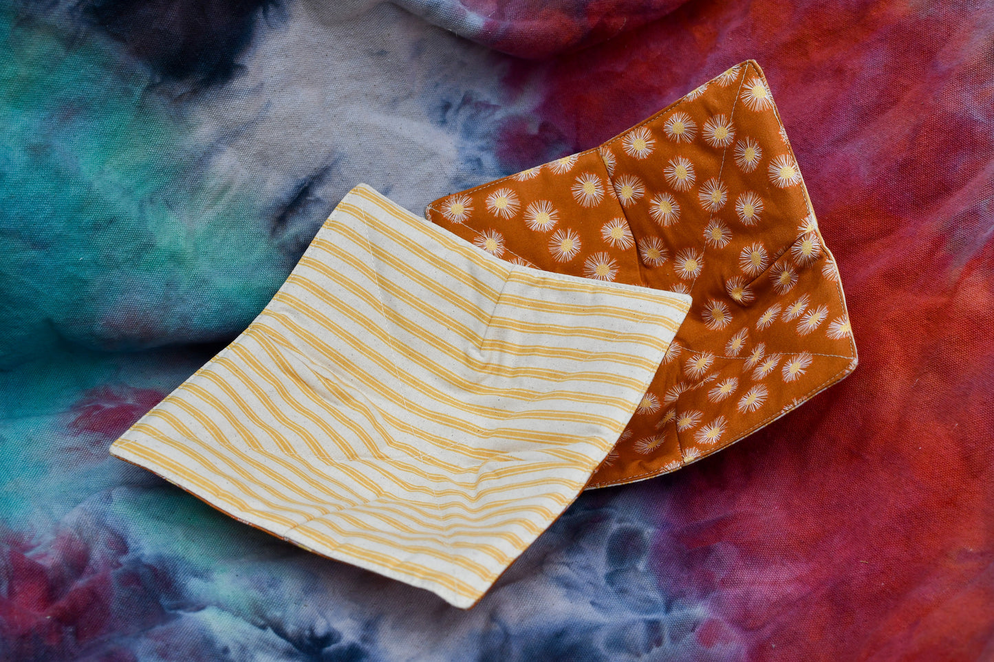 Bowl cosy with wattle fabric and yellow and natural striped ticking lining fabric