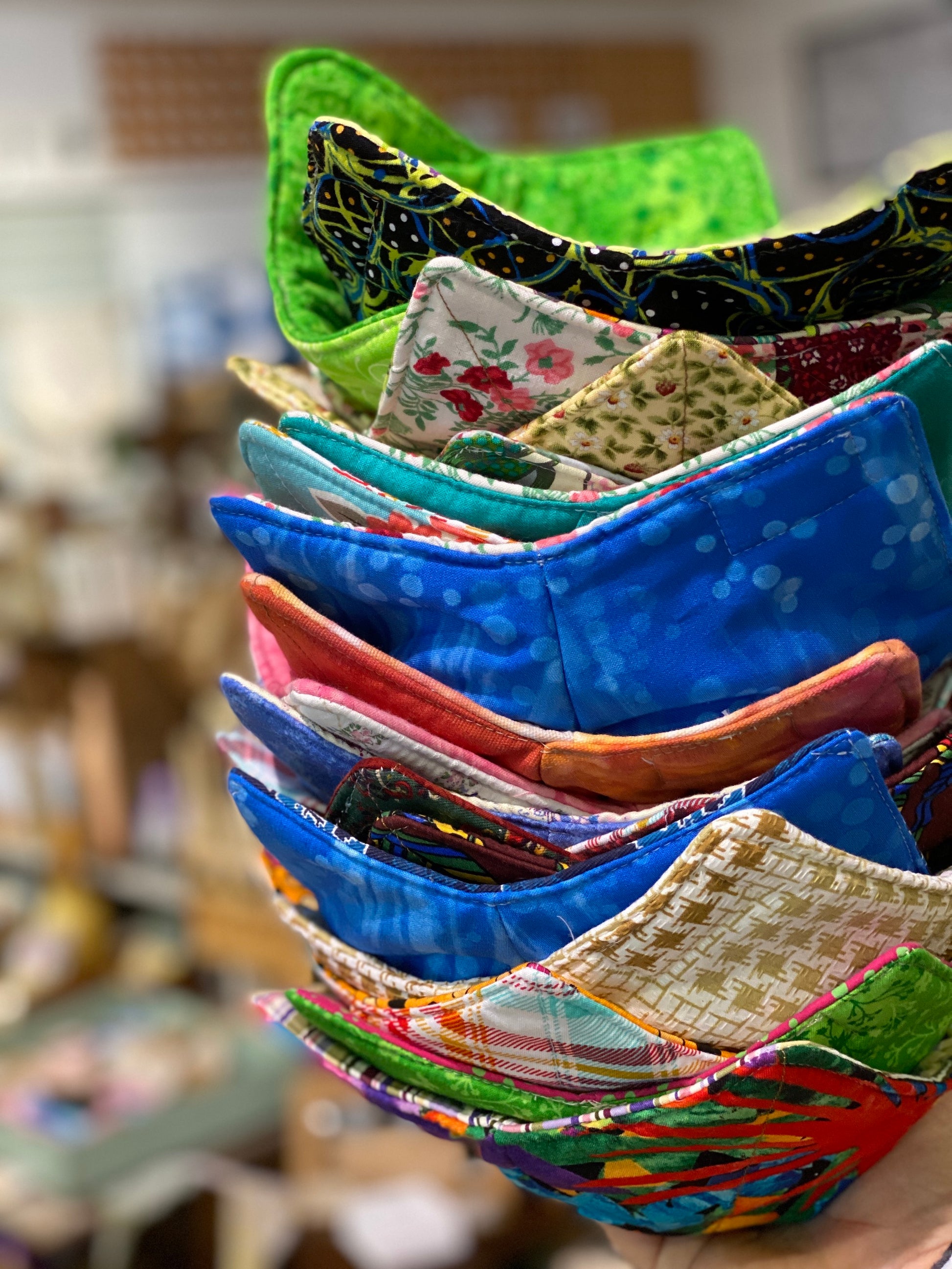 Upcycled handmade bowl cosy made from donated cotton fabrics – eco-friendly soup bowl warmer