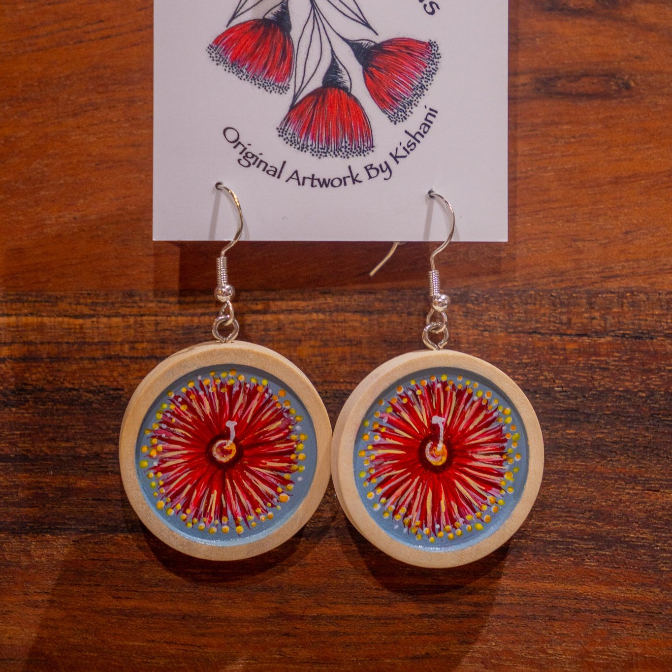 Wooden cabachon dangle earrings painted with gum flowers