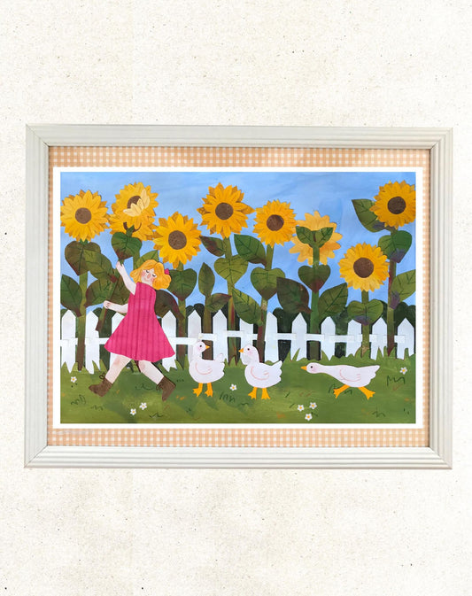 Ducks and sunflowers art print by Gemma Kirschner