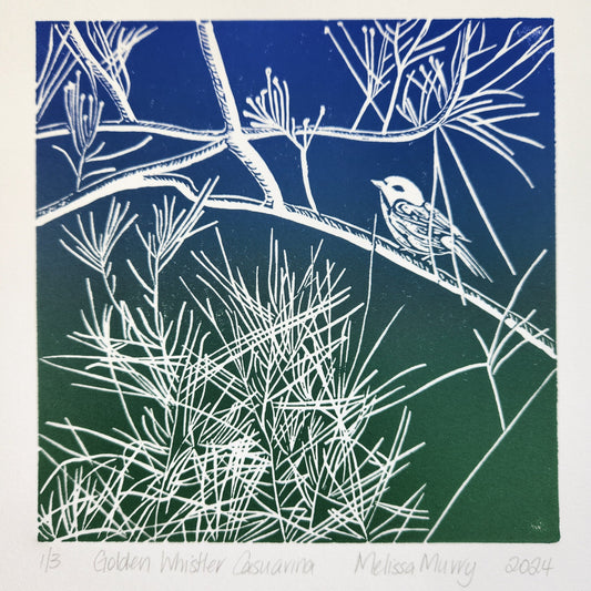 hand coloured lino cut artwork of a golden whistler by Melissa Murry