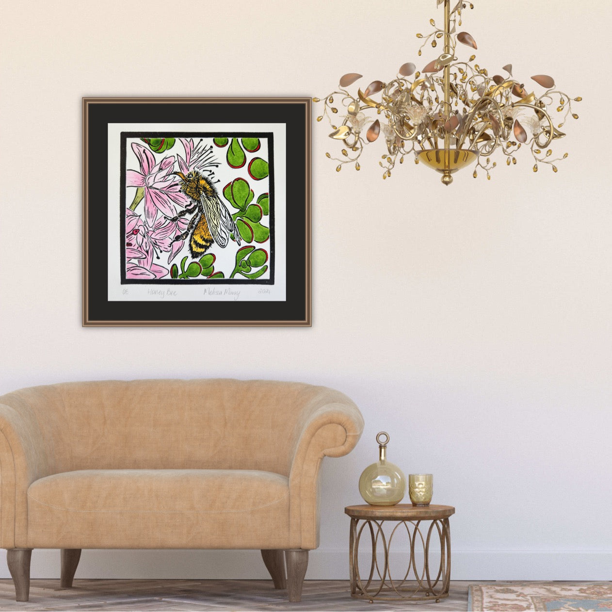 Honey bee art work framed on a lounge room wall