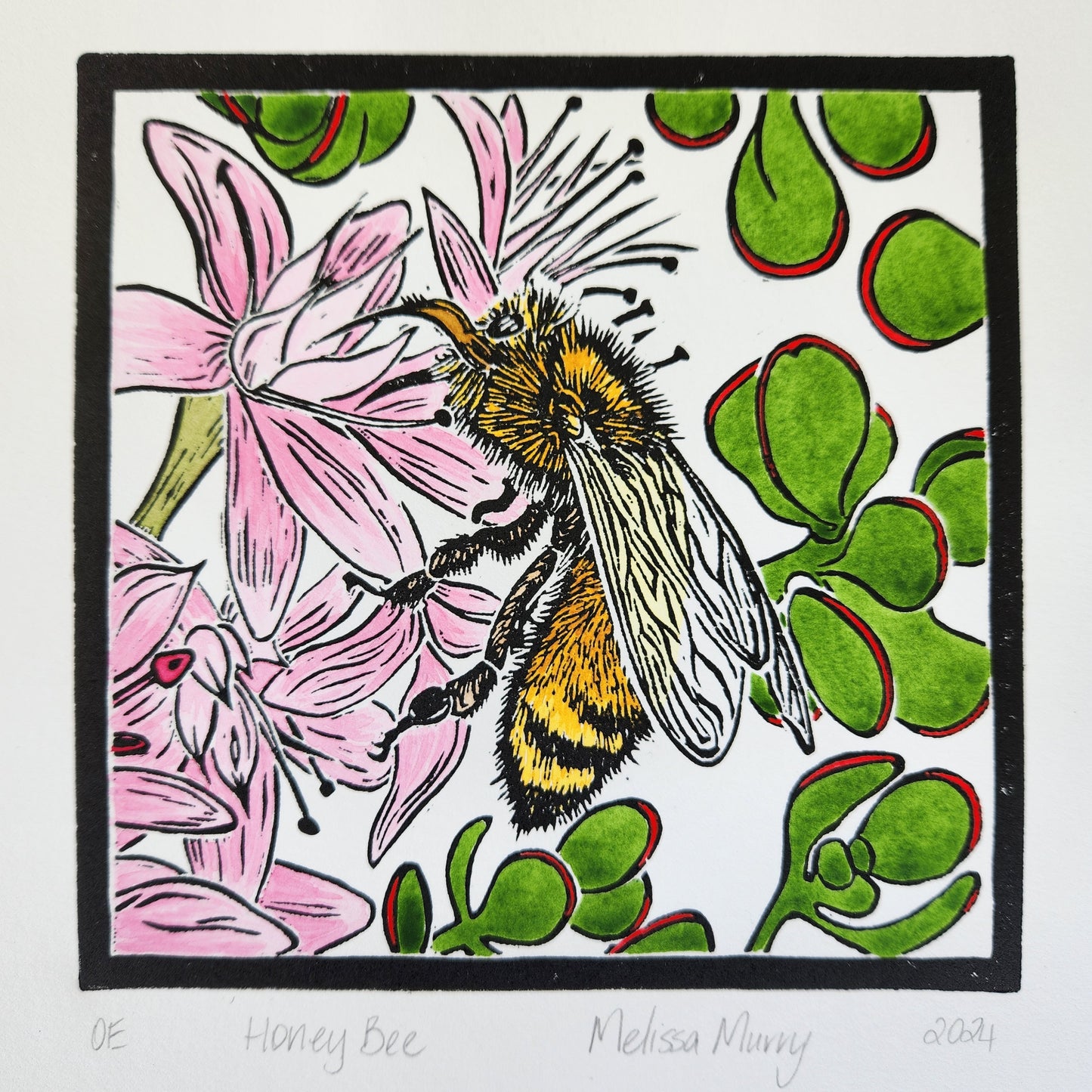 honey bee hand coloured lino cut art work by Melissa Murry