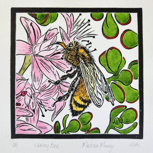 honey bee hand coloured lino cut art work by Melissa Murry