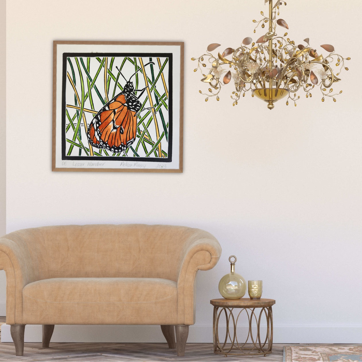 Lesser wanderer butterfly artwork framed and hanging on a wall