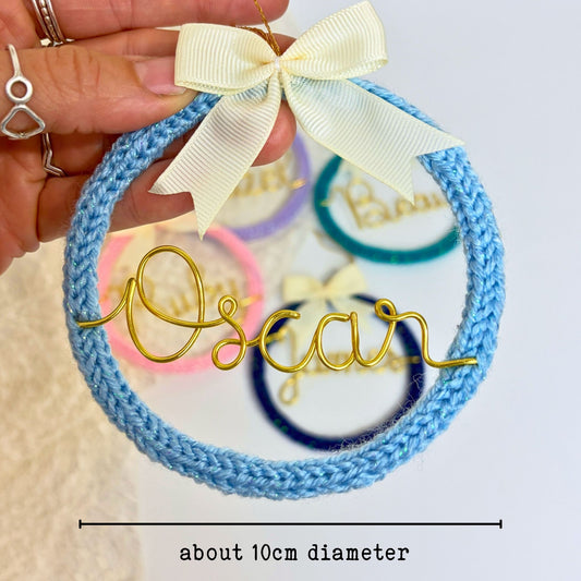 knitted wreath with wire name - custom made Christmas tree ornament