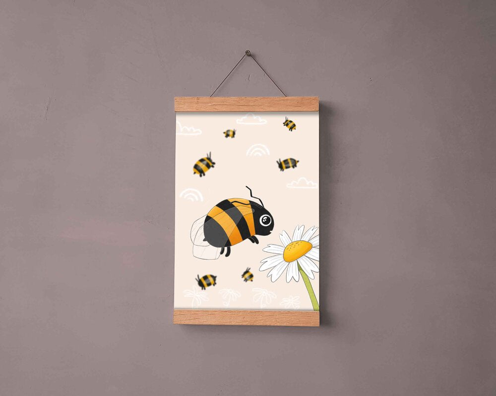 Bees and a daisy cartoon artwork hanging on a wall