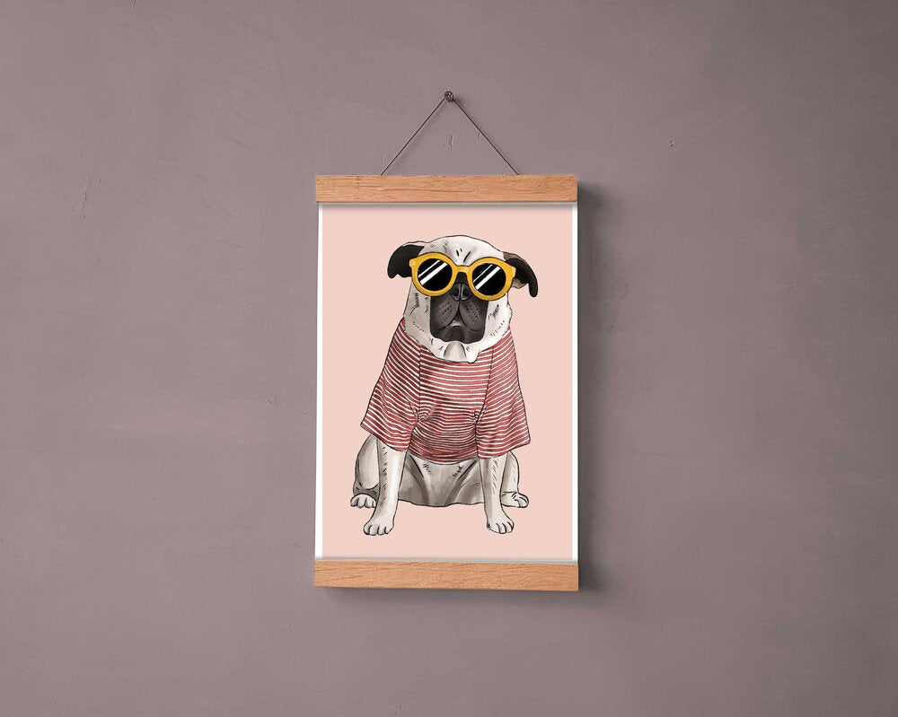 Dog wearing a tshirt and sunglasses artwork hanging on a wall