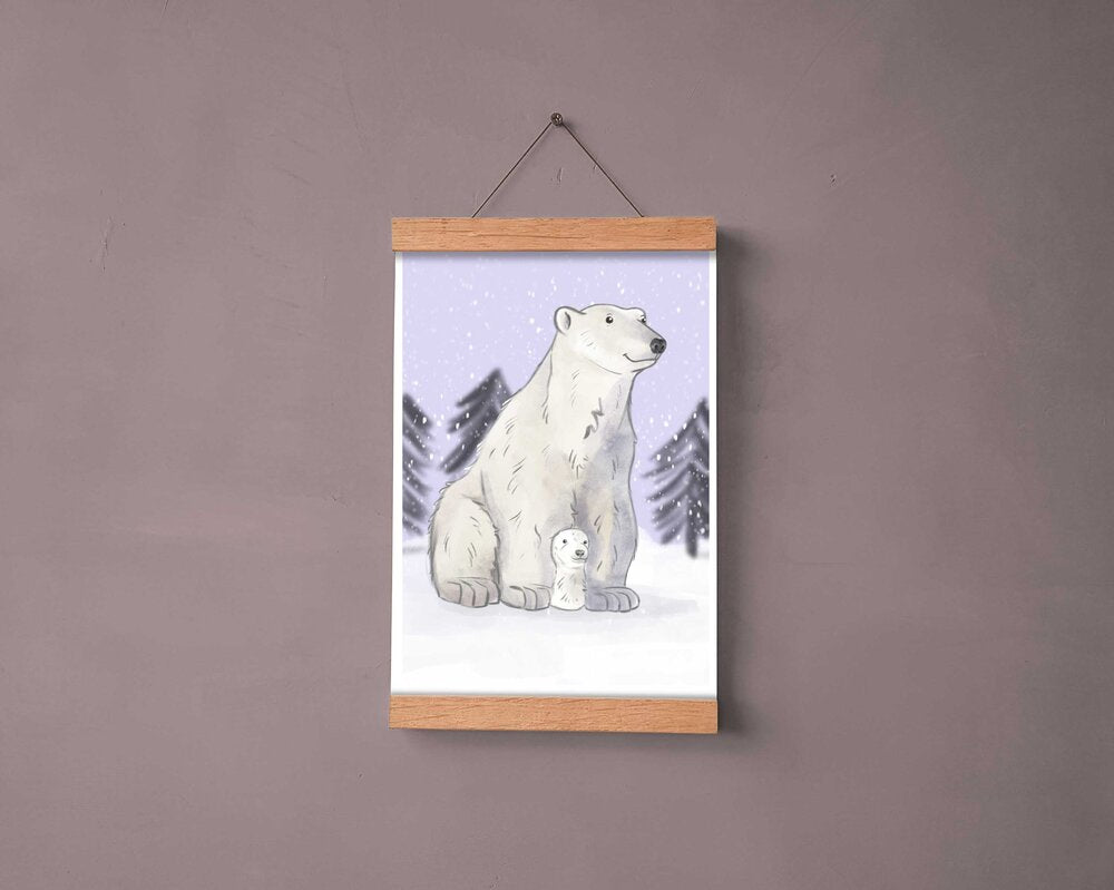 Mum and baby polar bears artwork hanging on a wall