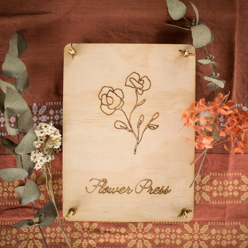 Handmade wooden flower press kit with brass wing nuts and floral engraving – eco-friendly craft tool from Newcastle