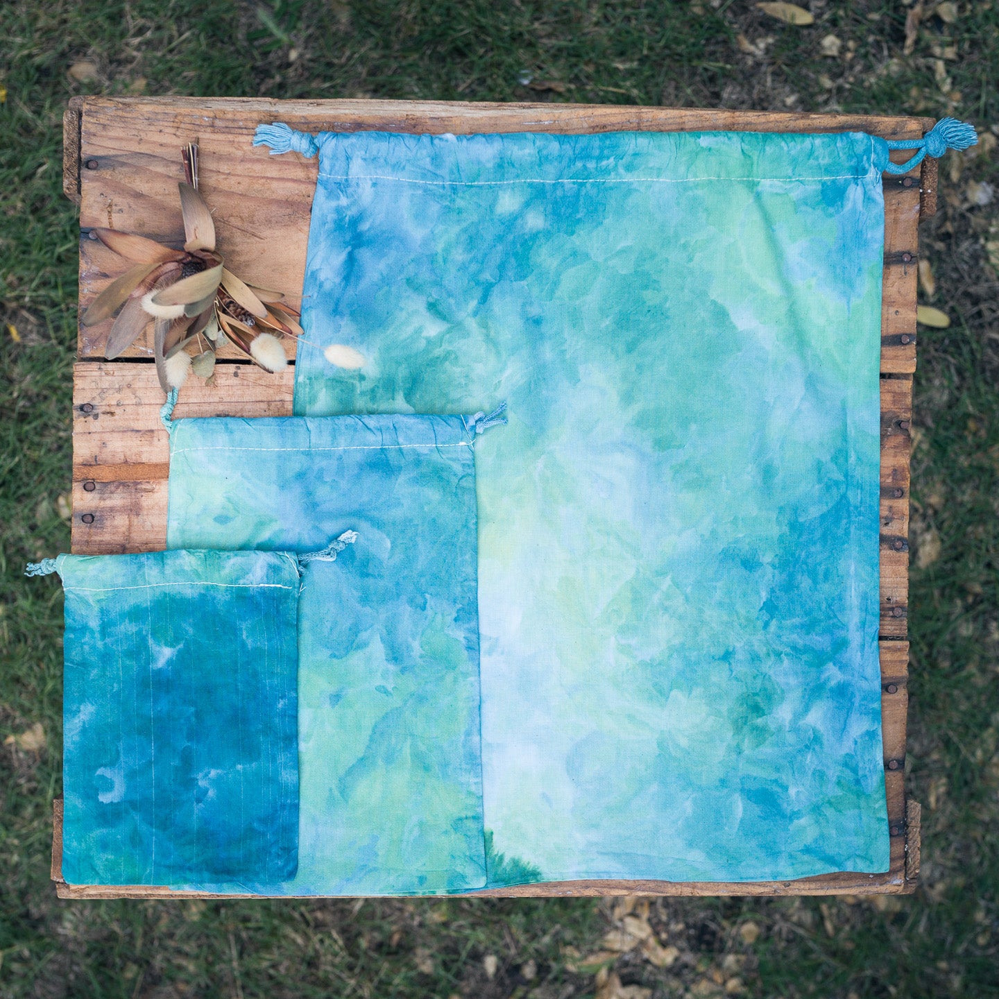 blue and green gift bags