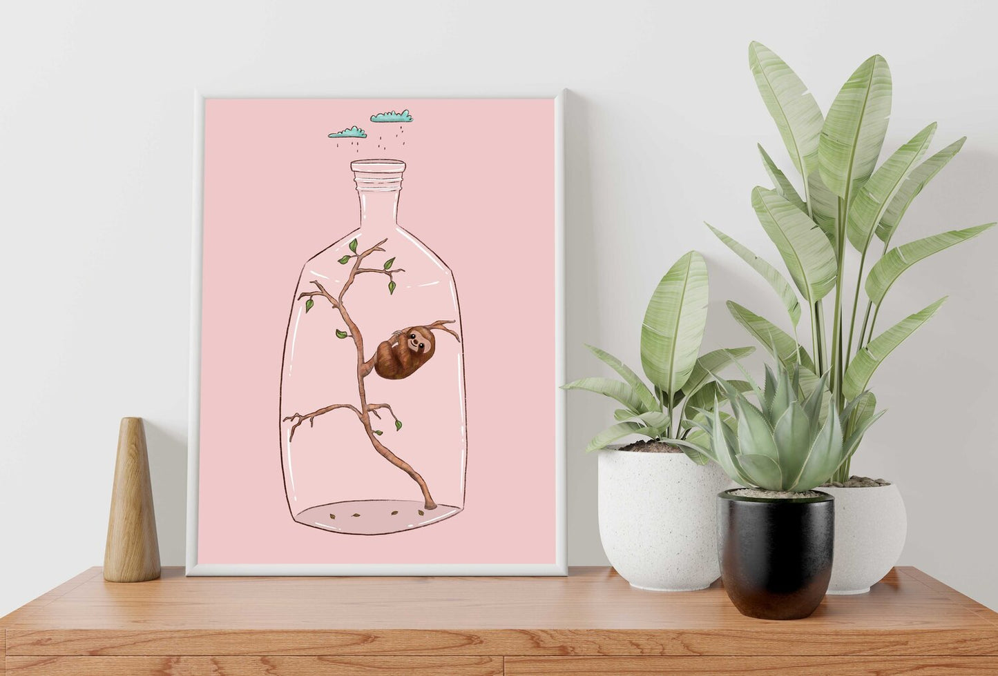 Sloth on a tree with rain clouds cartoon style artwork