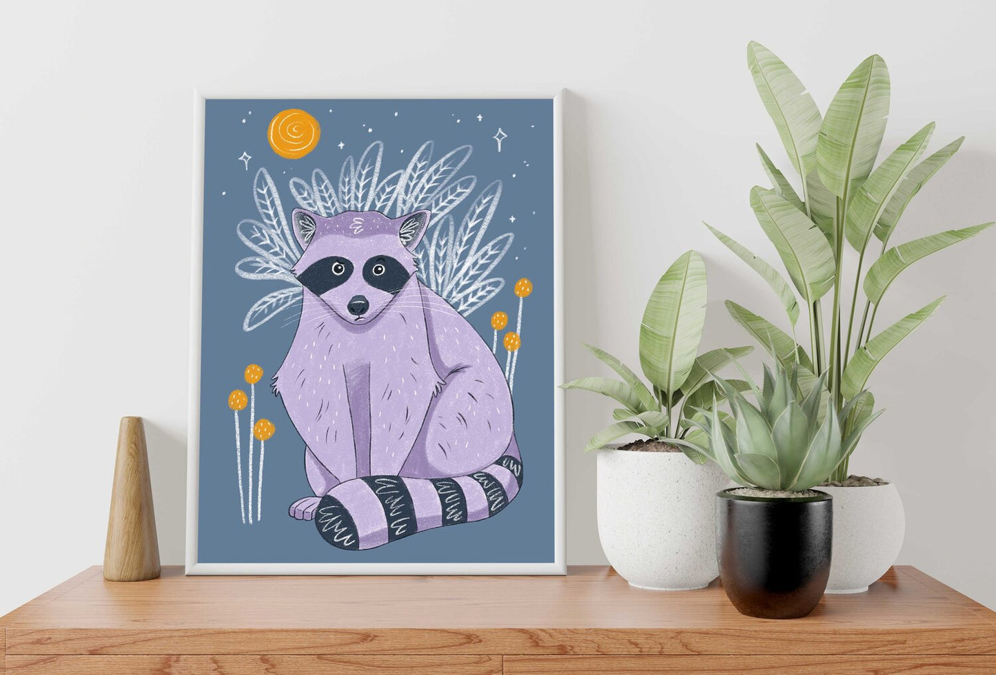 Racoon with flowers and the night sky artwork