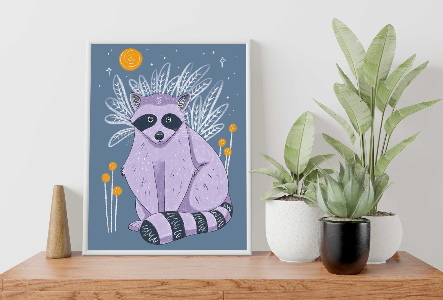 Racoon with flowers and the night sky artwork