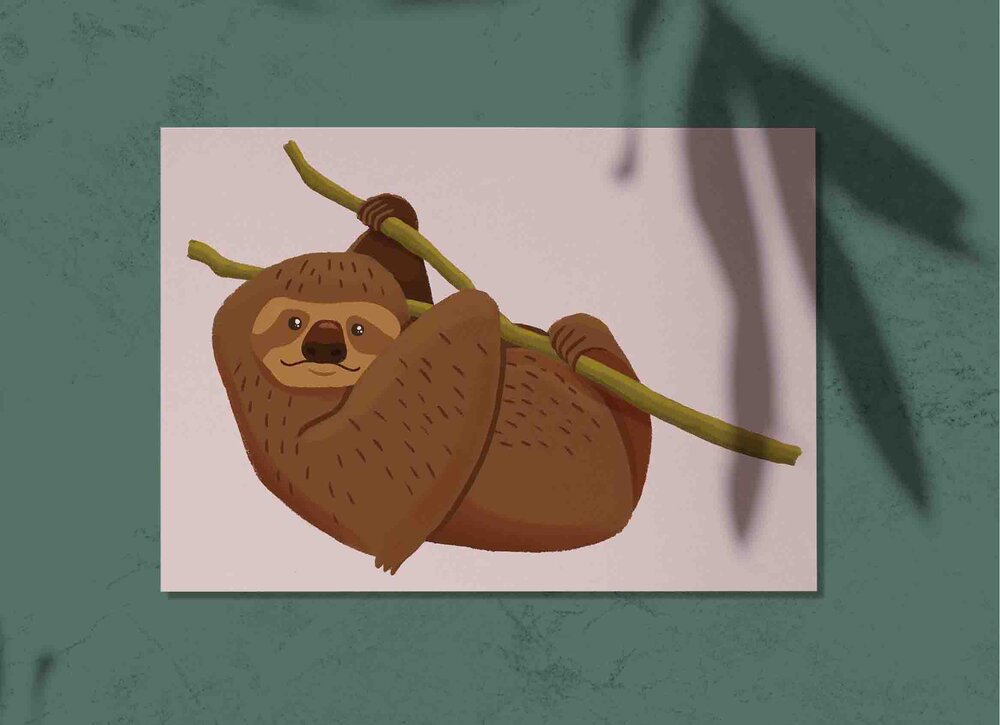 Sloth hanging on a branch artwork