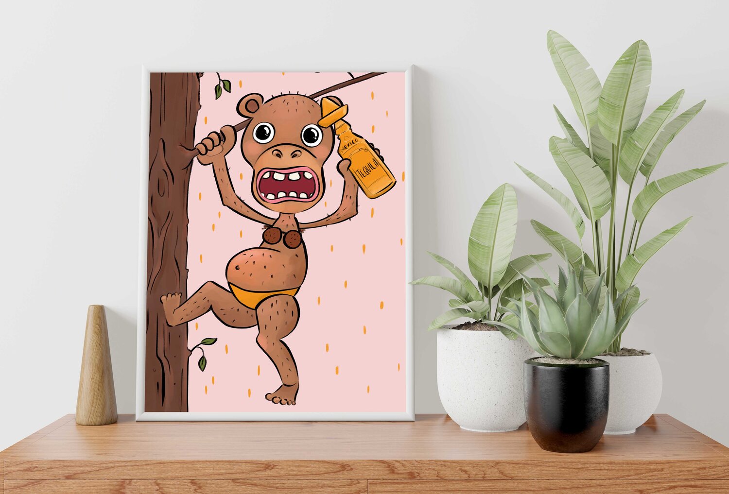artwork with a monkey and a bottle of tequila