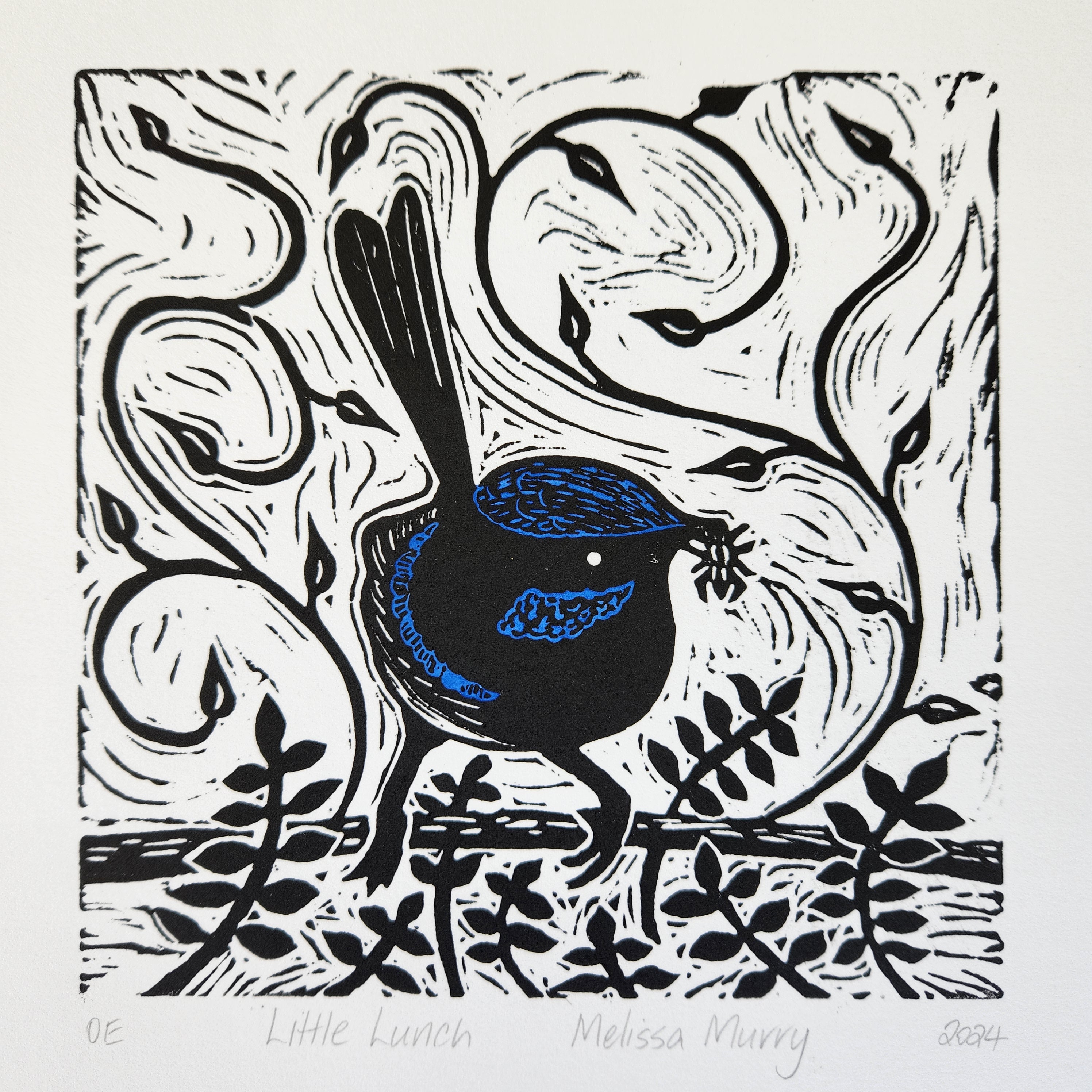 Blue wren lino cut art work
