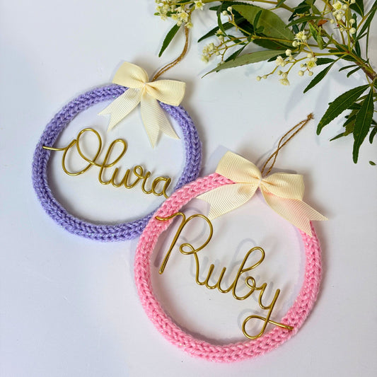knitted wreath with wire name - custom made Christmas tree ornament